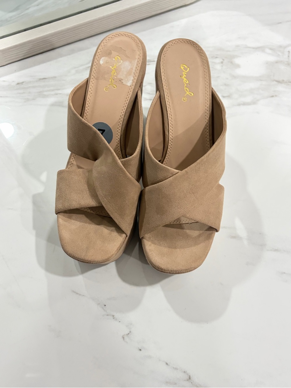 Qupid Taupe Crisscross Suede Slide Mules - Picture 5 of 7